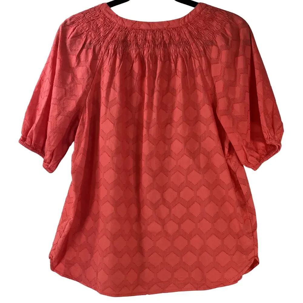 LOFT Coral Pink Textured Button Front Puff Sleeve Blouse Size S